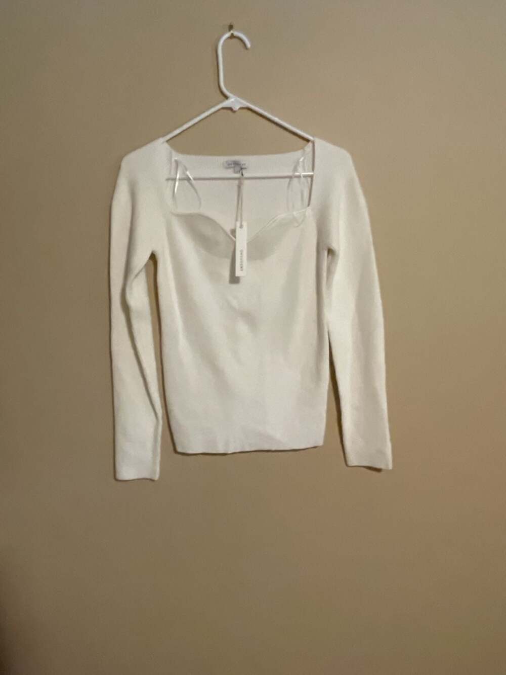 Crescent Rib Knit Sweetheart Neck Sweater Size L Ivory Long Sleeve NWT